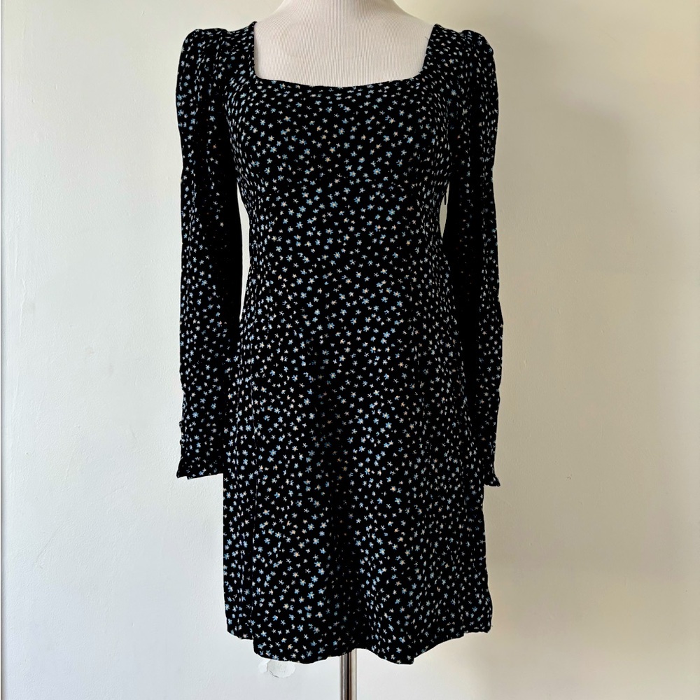 MADEWELL Seamed Long Sleeve Mini Dress Size 4 Ditsy Floral Black Square Neck